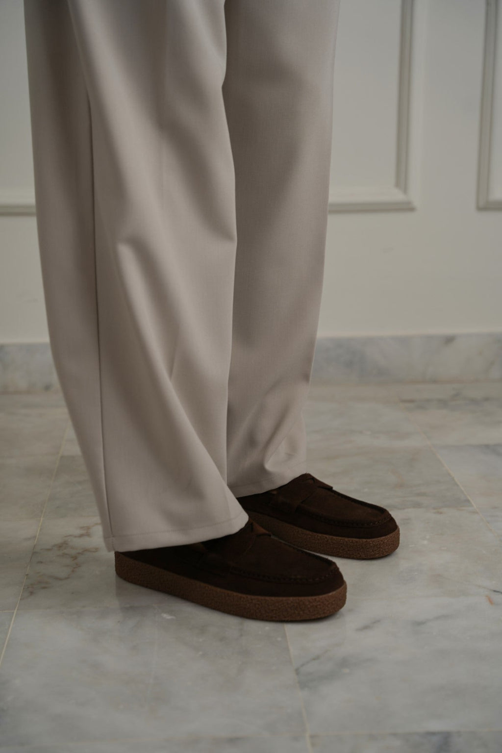 DARK BROWN SUEDE PENNY FLATS