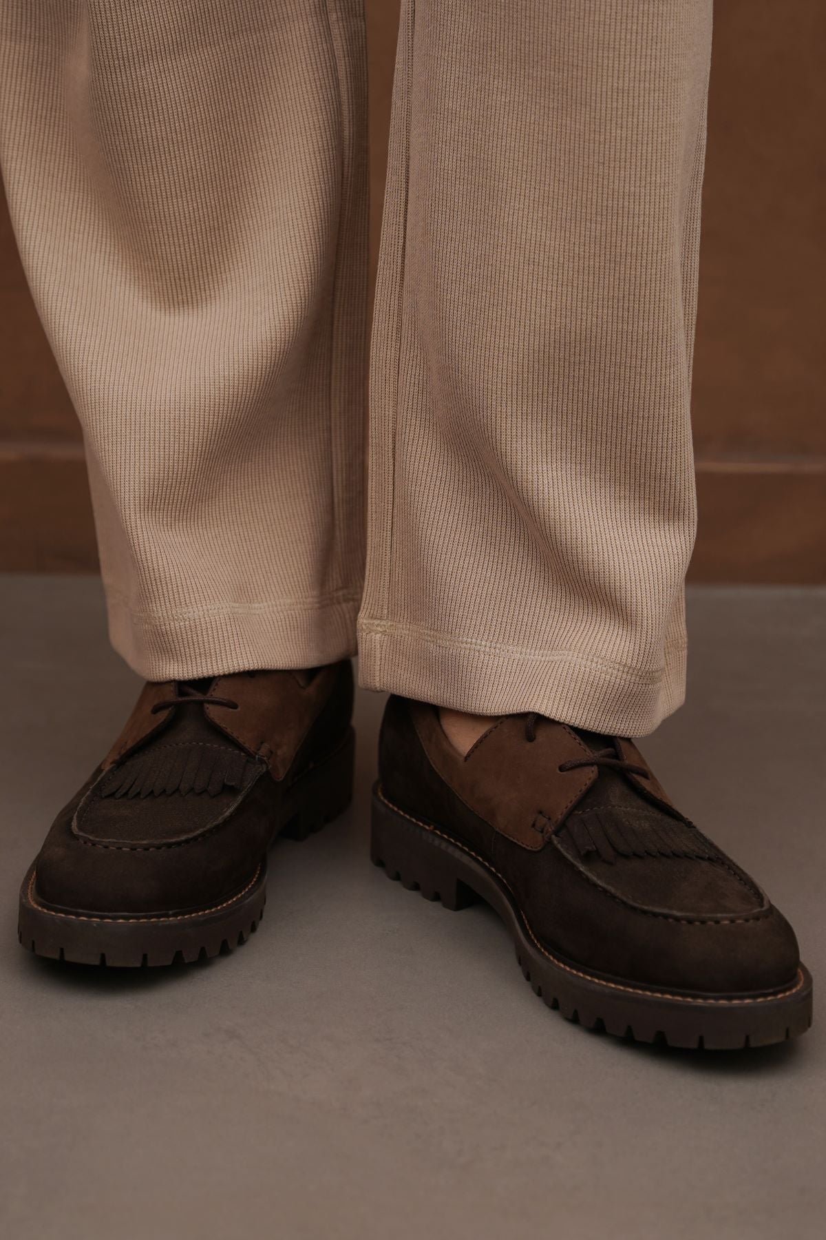 COFFEE LEATHER MOC-TOE SHOES