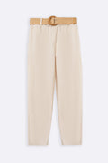 CREAM TAPERED COTTON PANTS WITH BELT