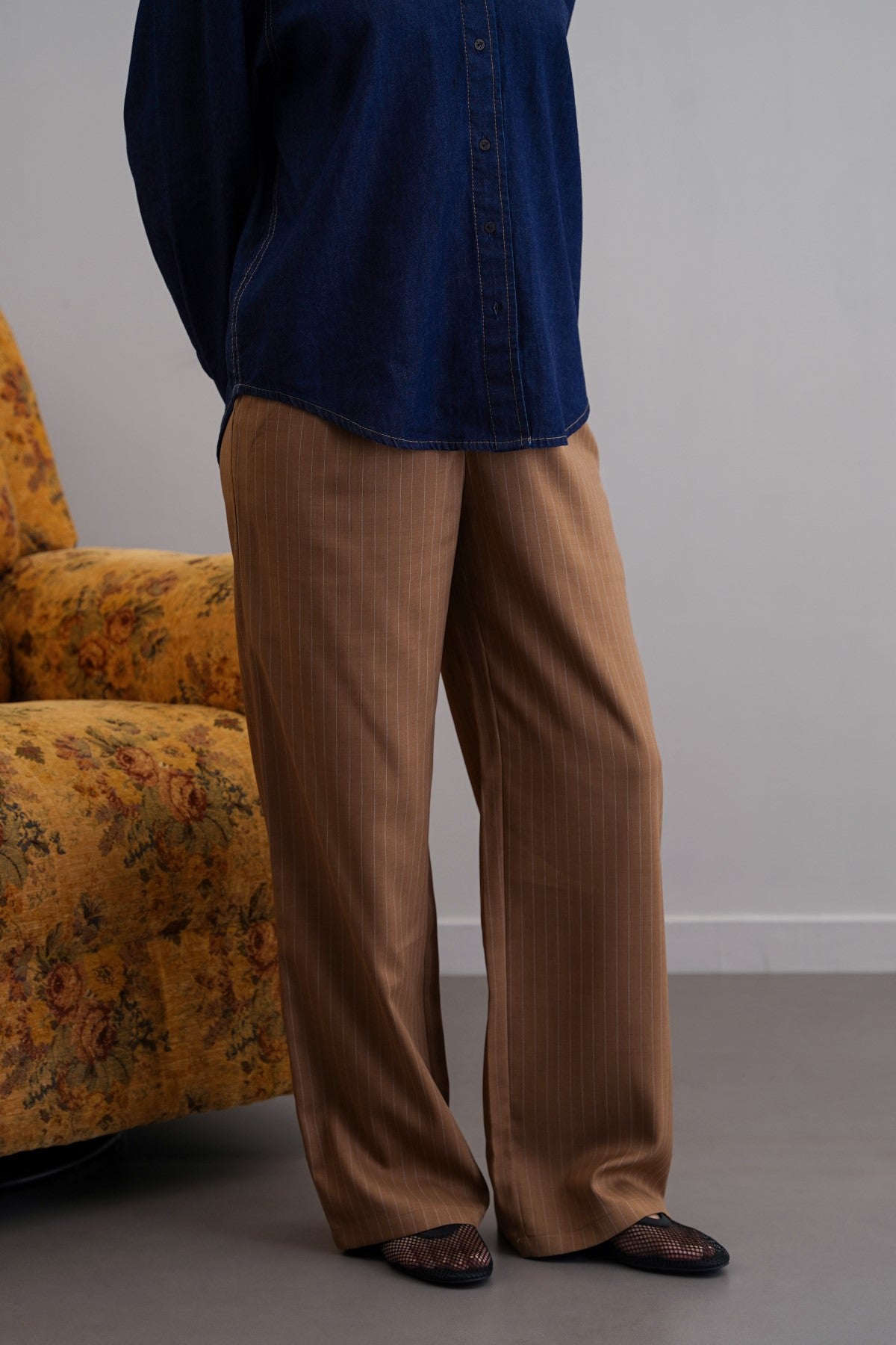 CAMEL TAILORED PINSTRIPE PANTS