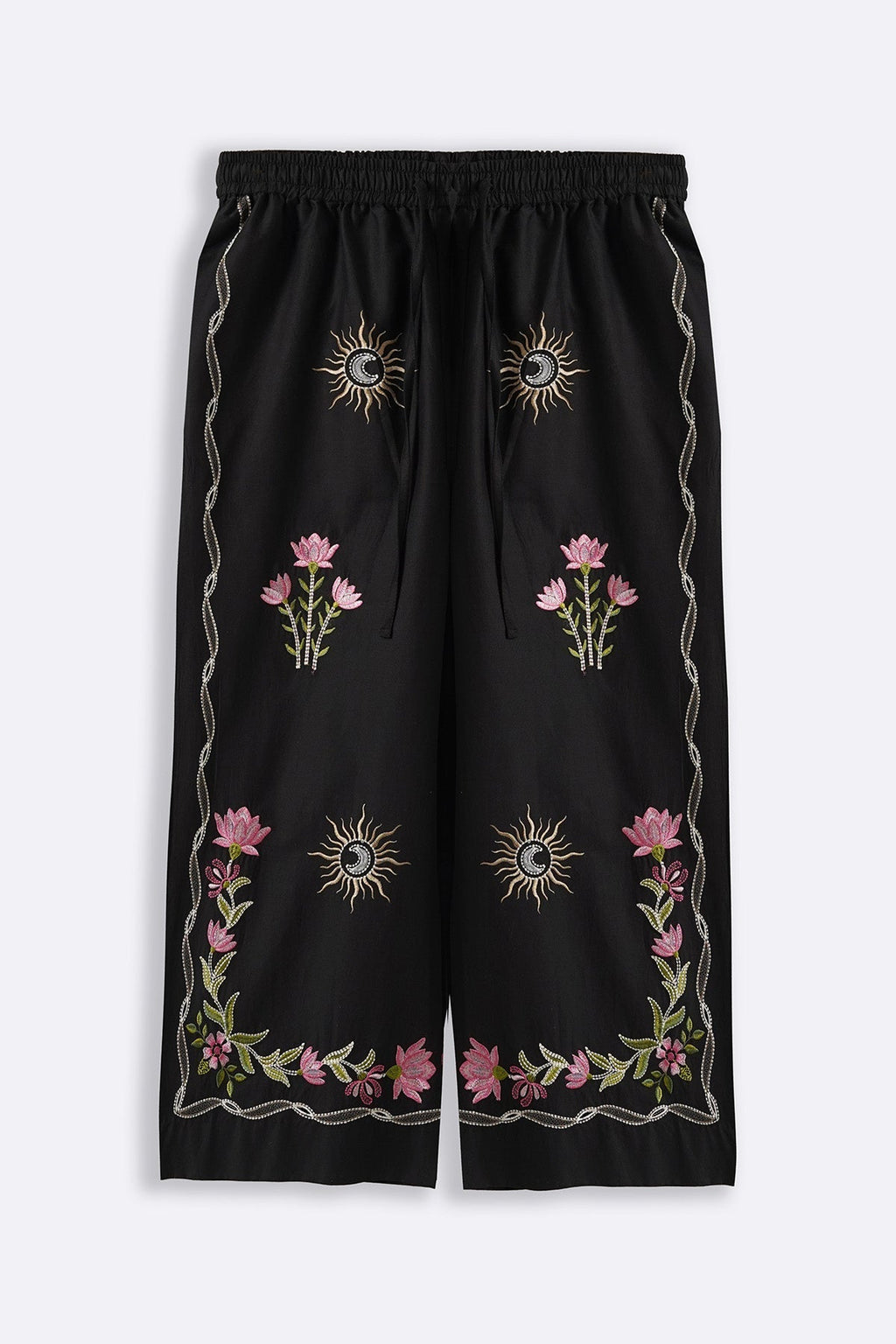 BLACK COSMOS EMBROIDERED PANTS