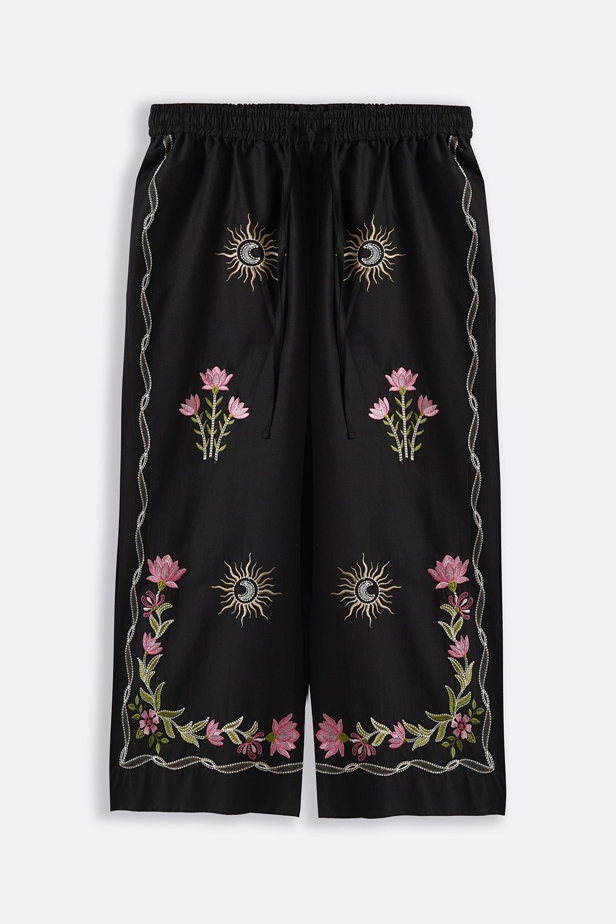 BLACK COSMOS EMBROIDERED PANTS
