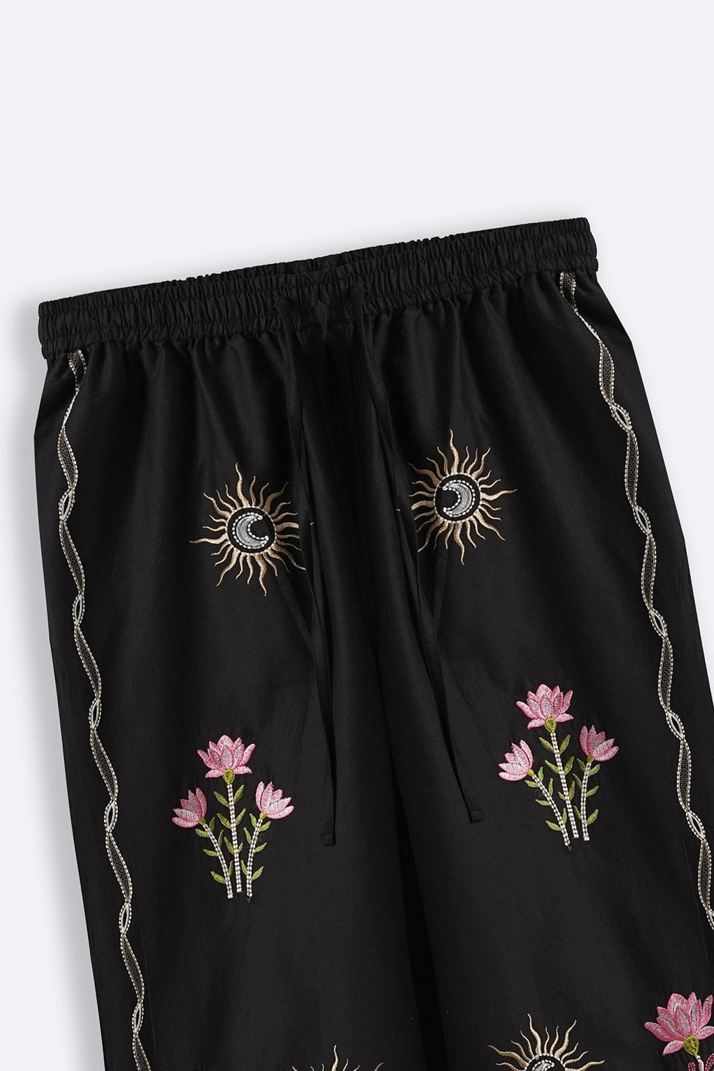 BLACK COSMOS EMBROIDERED PANTS