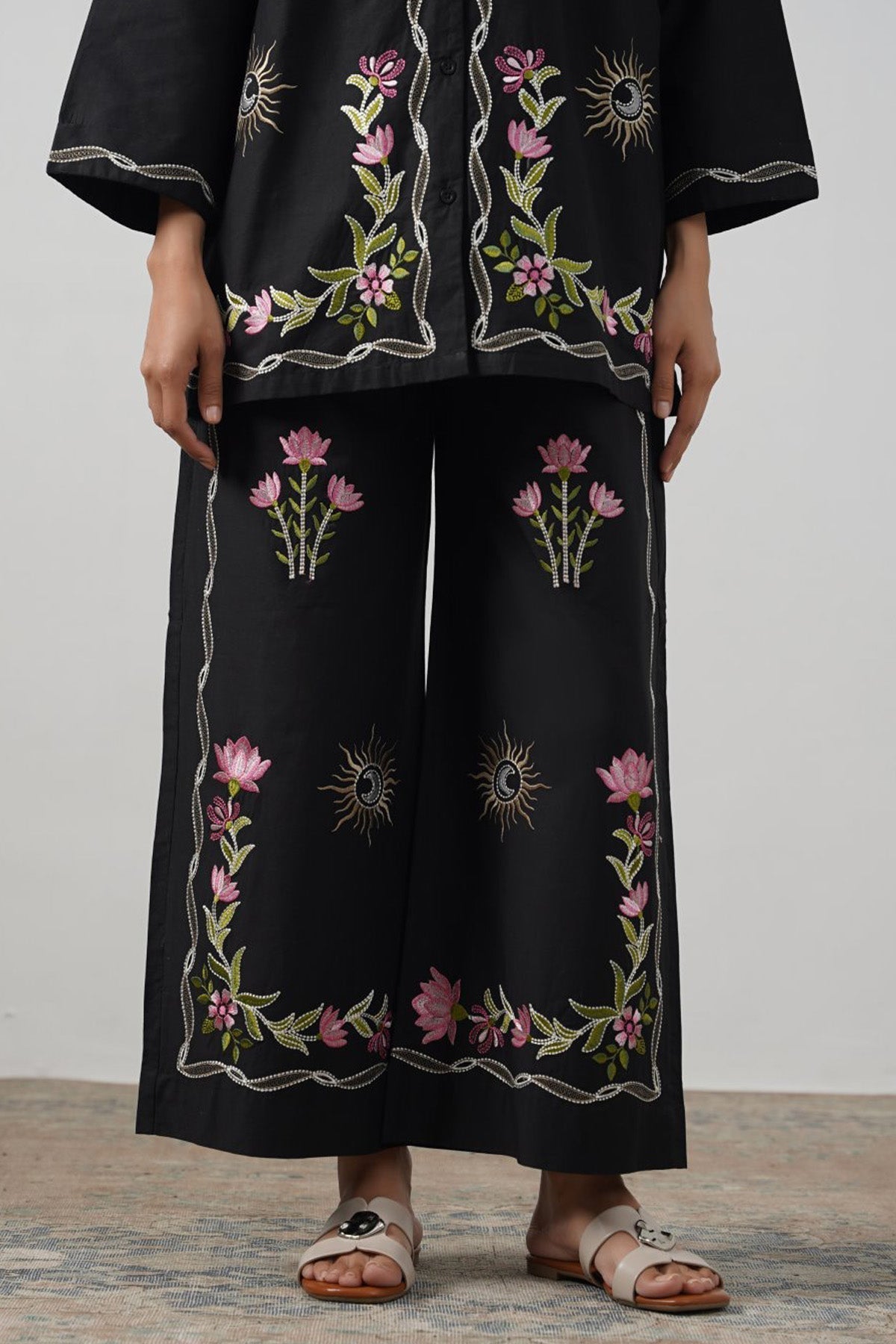 BLACK COSMOS EMBROIDERED PANTS