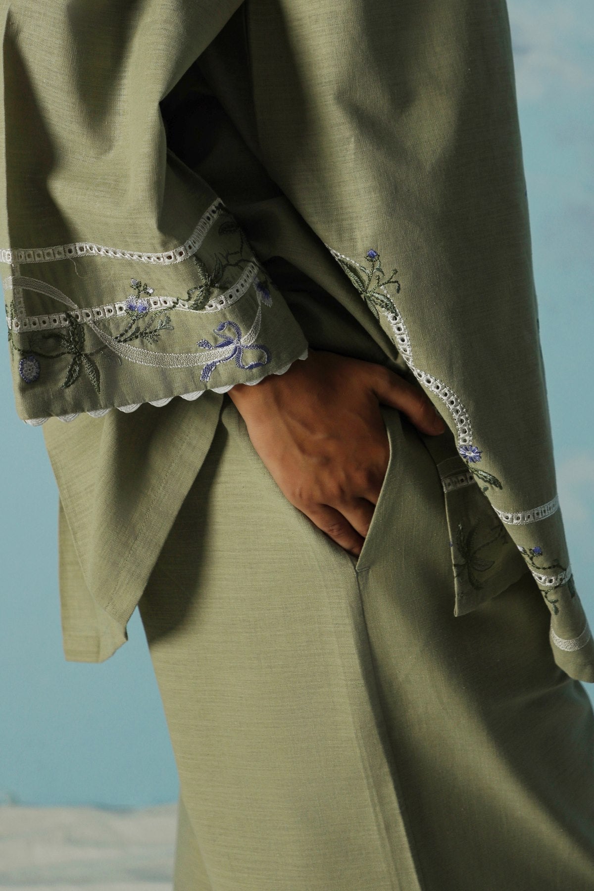 LIGHT GREEN VIOLET AND SAGE EMBROIDERED CULOTTES