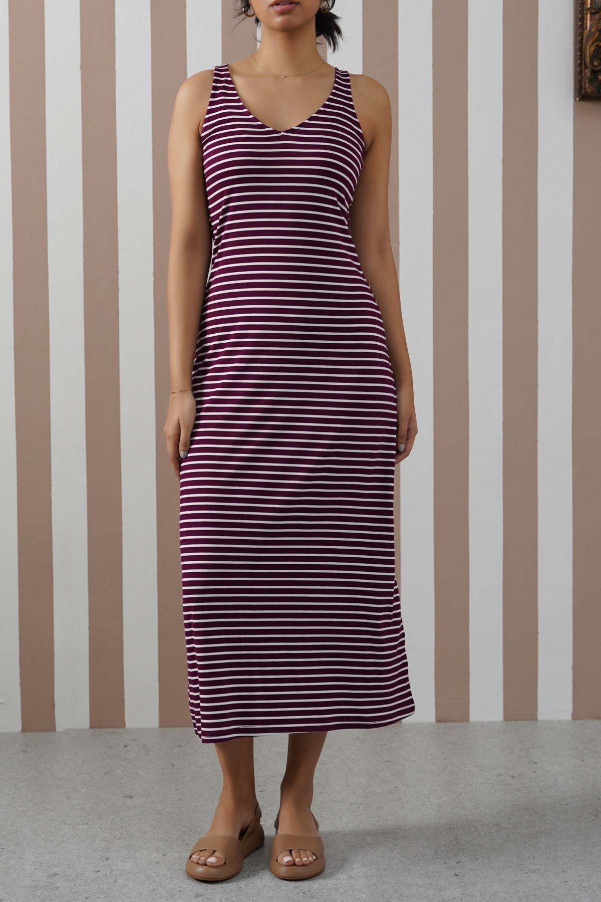 BURGUNDY STRIPED SUMMER DRESS