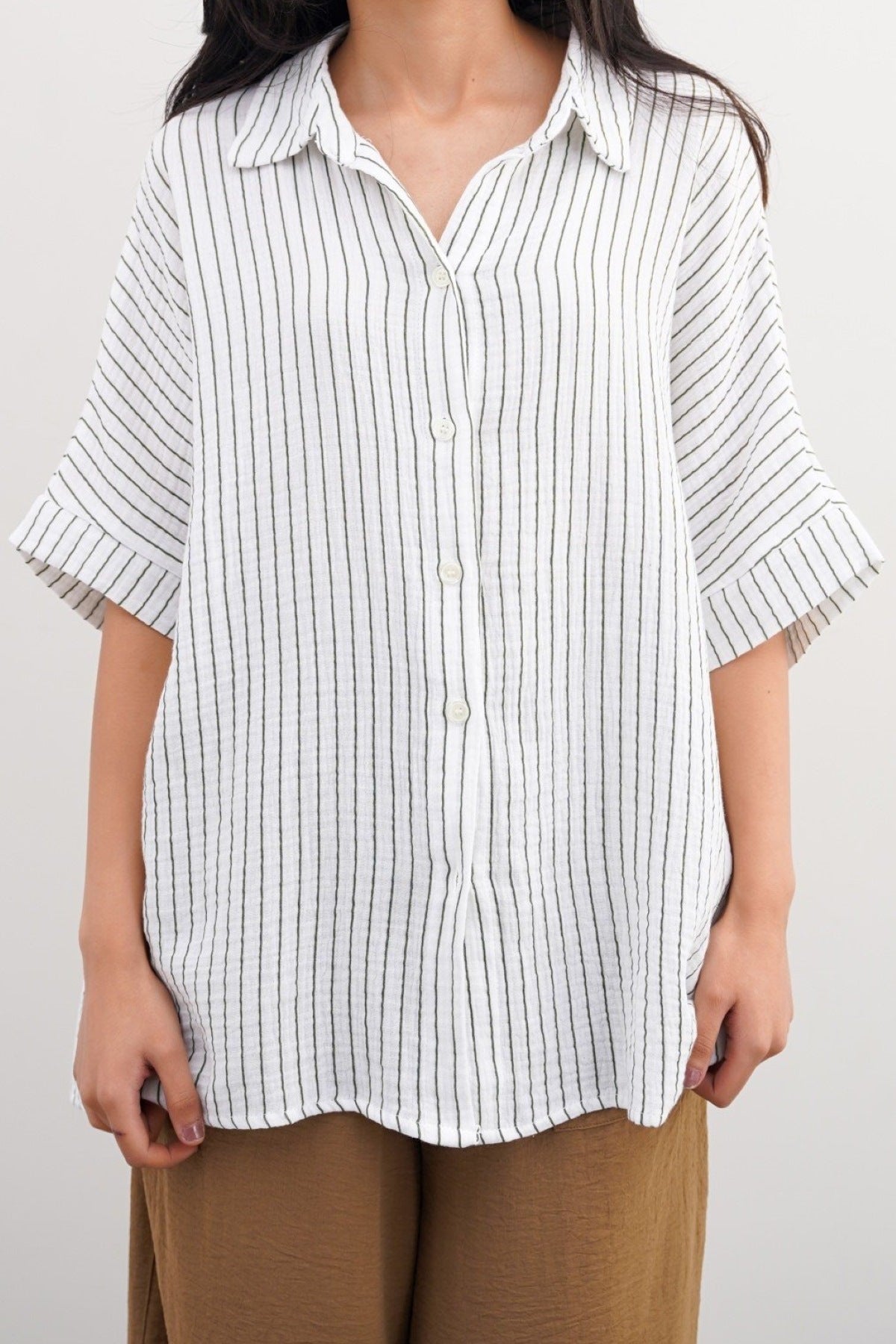GREEN STRIPED MUSLIN SHIRT