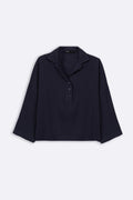 NAVY LINEN HALF PLACKET SHIRT