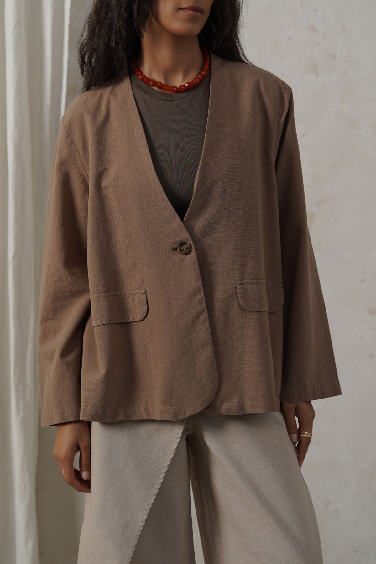 TAUPE COLLARLESS LINEN BLAZER