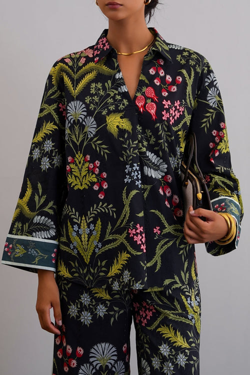 BLACK BOTANICAL EMBROIDERED SHIRT