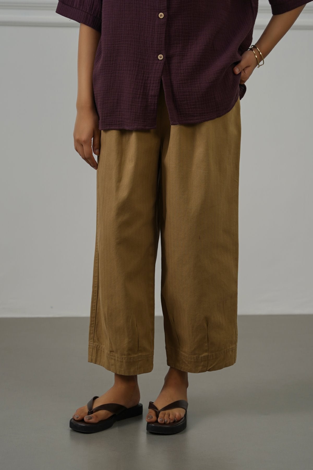TAUPE COTTON HERRINGBONE PANTS