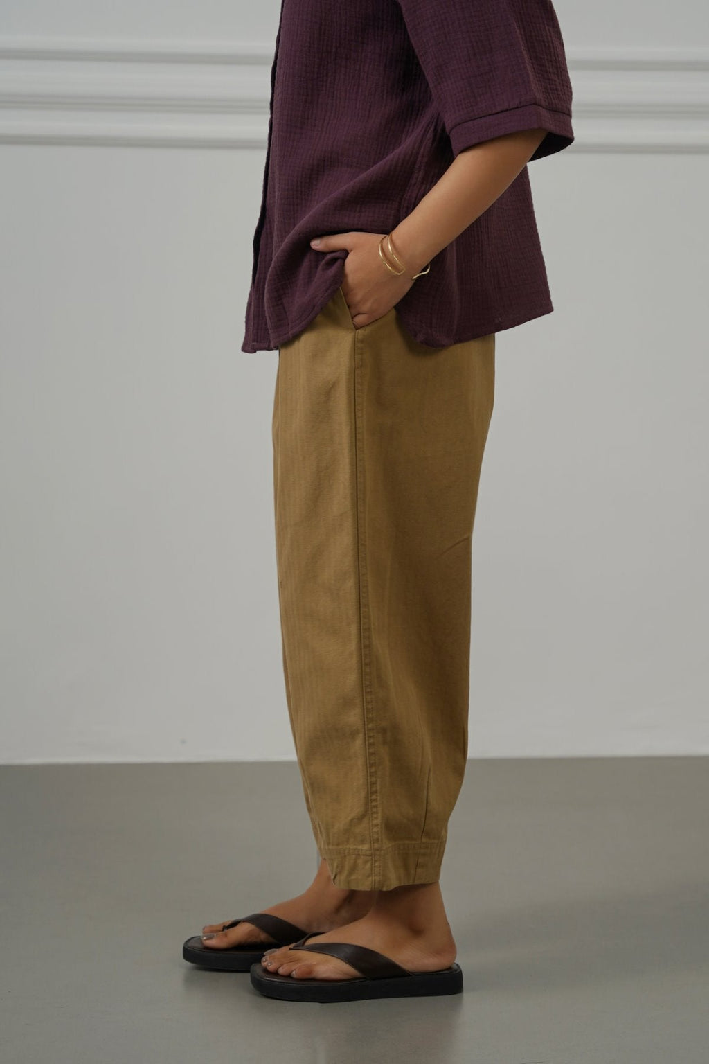 TAUPE COTTON HERRINGBONE PANTS