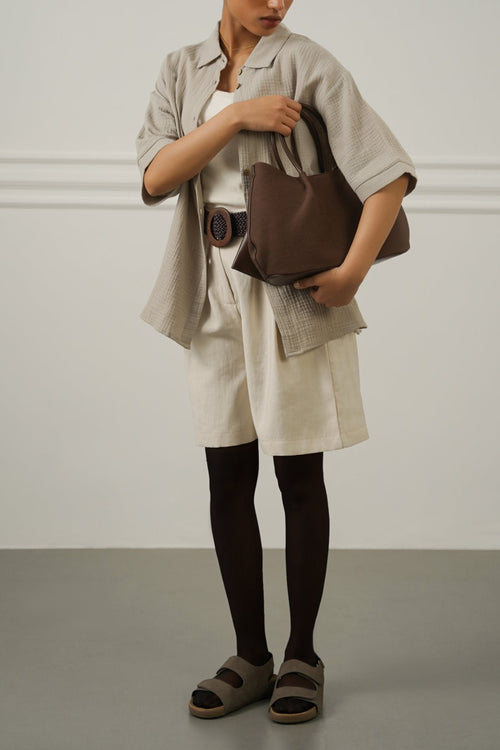 CREAM BELTED PLEAT SHORTS