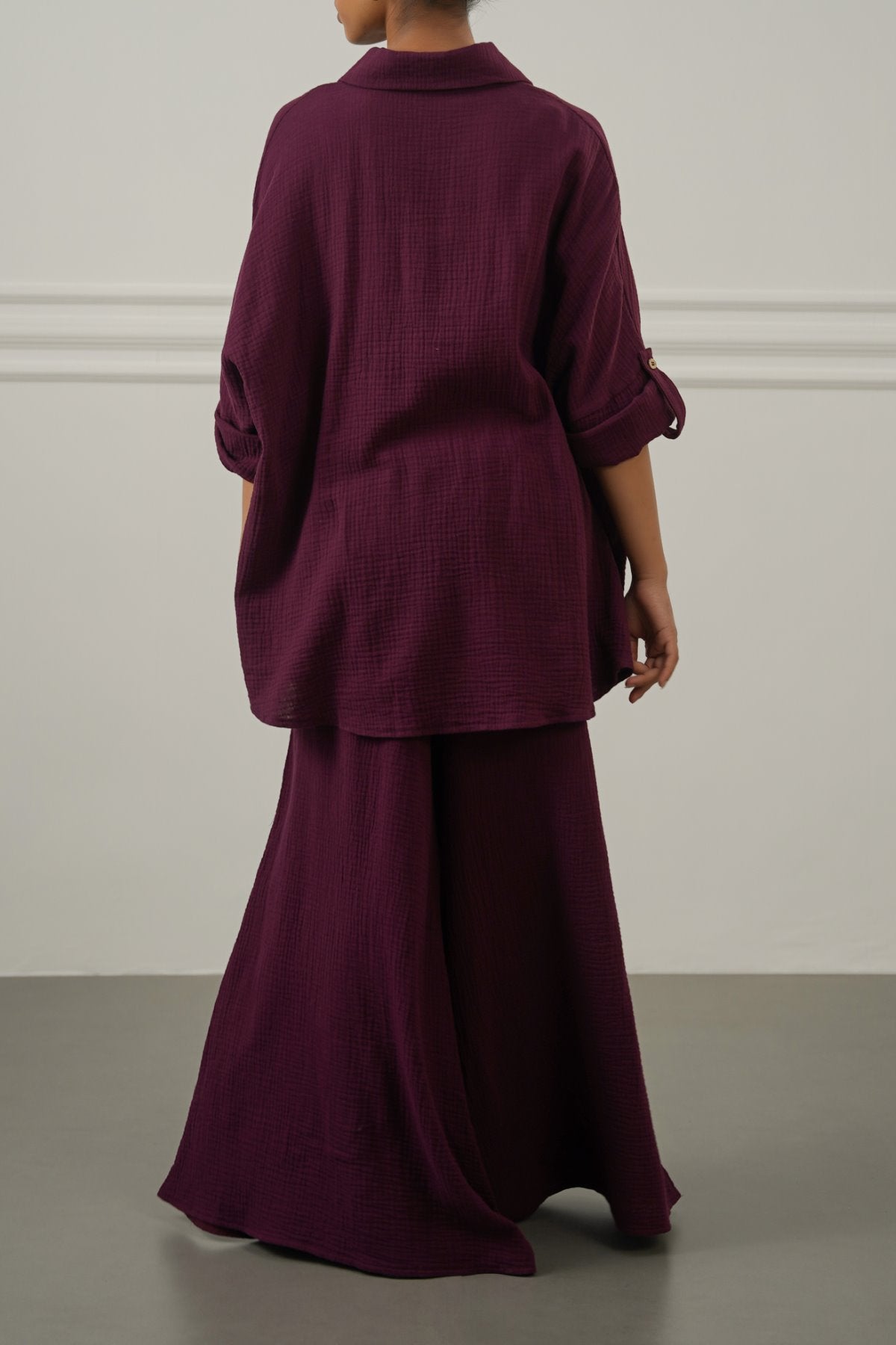 WINE SMOCKED WAIST MUSLIN PANTS