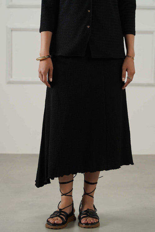 BLACK ASYMMETRIC CRINKLE SKIRT