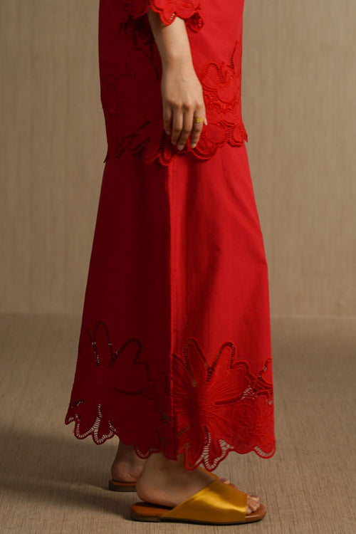 RED BOTANICAL CUTWORK PANTS