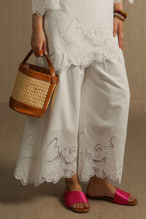 WHITE BOTANICAL CUTWORK PANTS