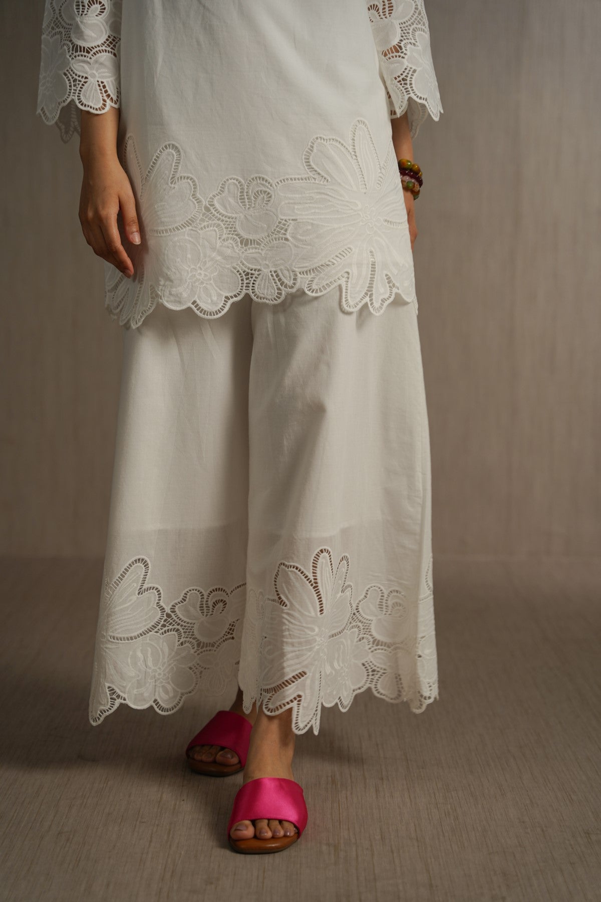 WHITE BOTANICAL CUTWORK PANTS