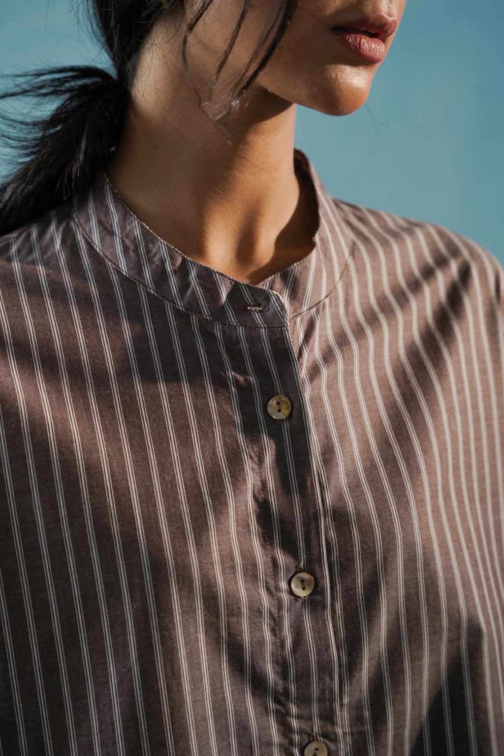 BROWN COTTON STRIPE SHIRT DRESS