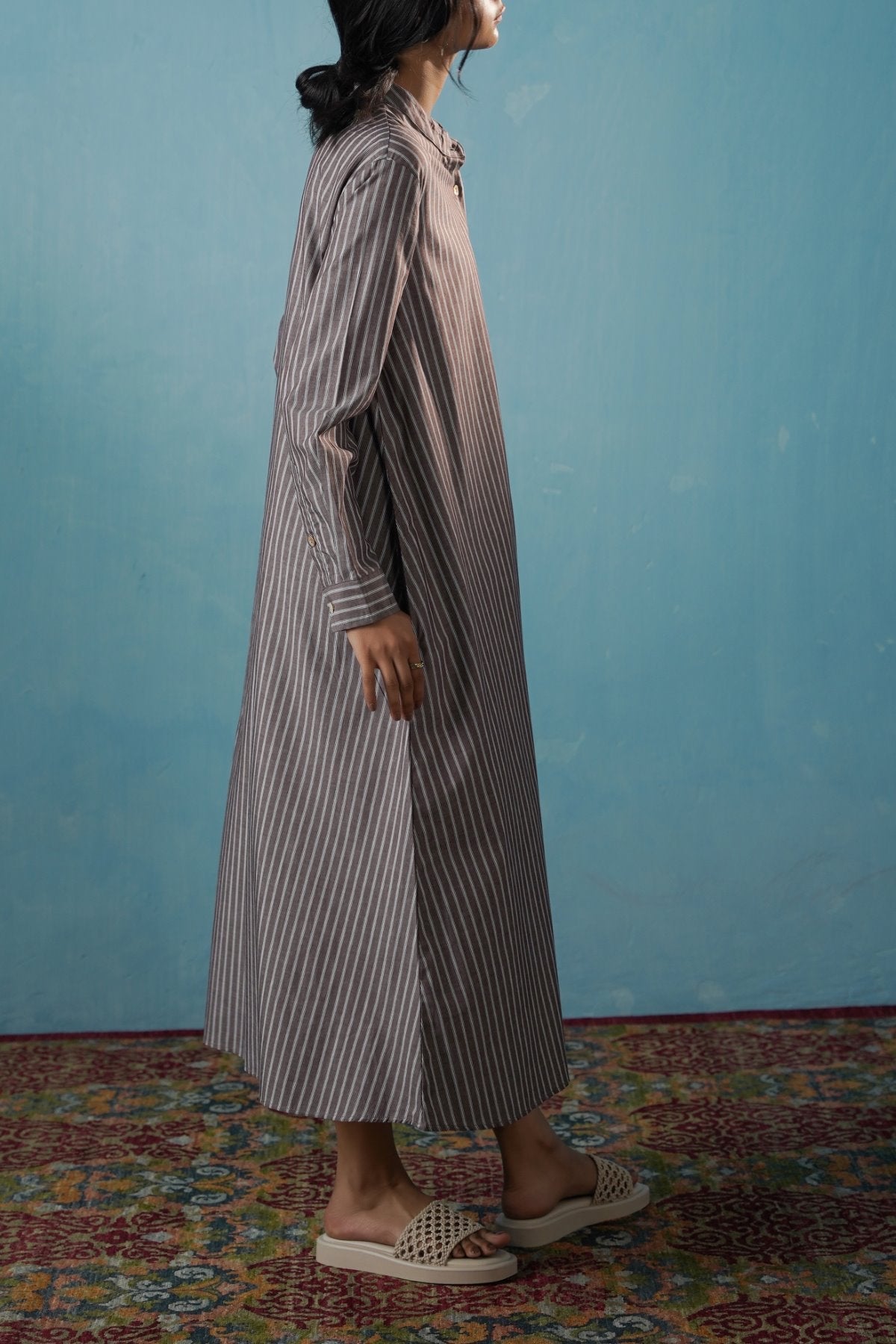 BROWN COTTON STRIPE SHIRT DRESS