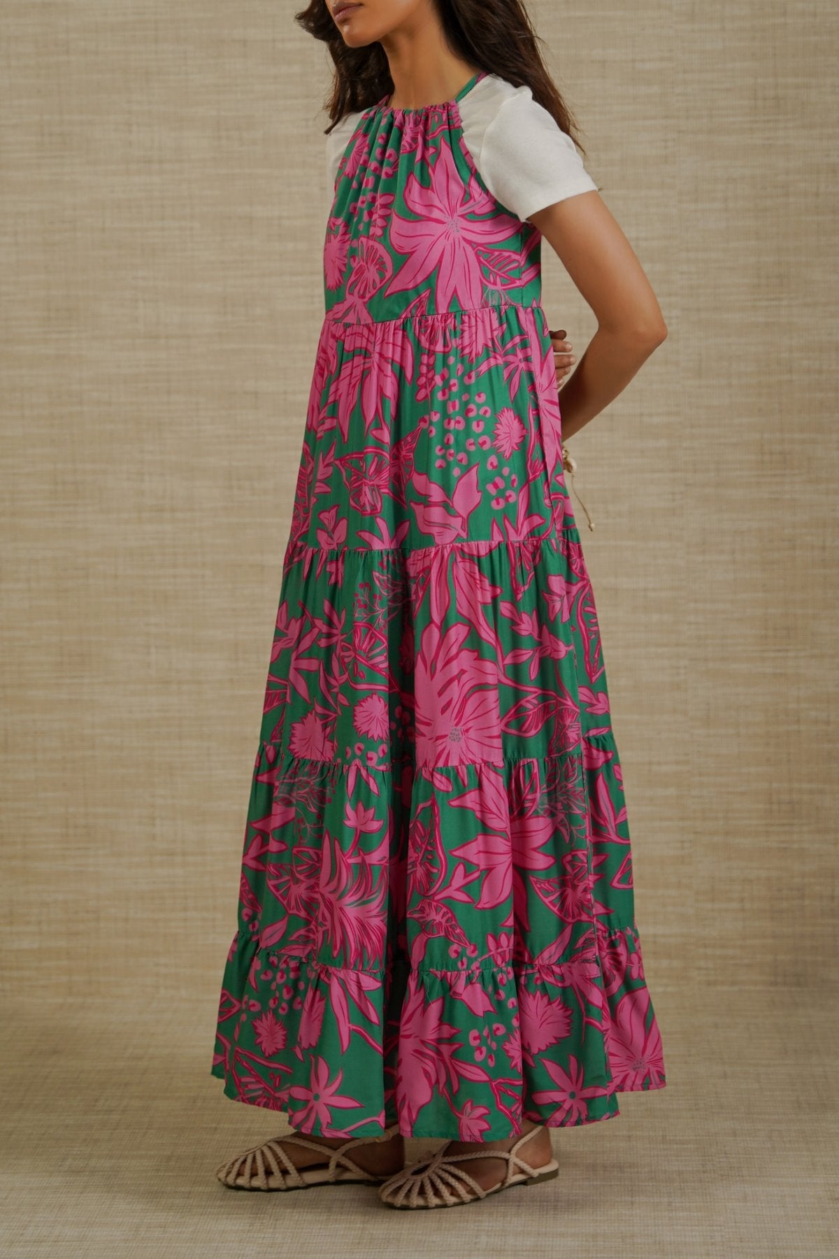 GREEN FLORA TIERED DRESS