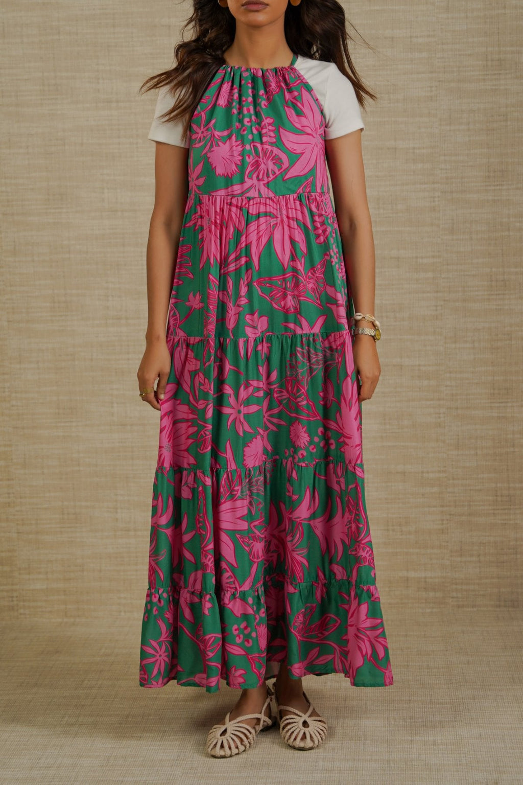 GREEN FLORA TIERED DRESS
