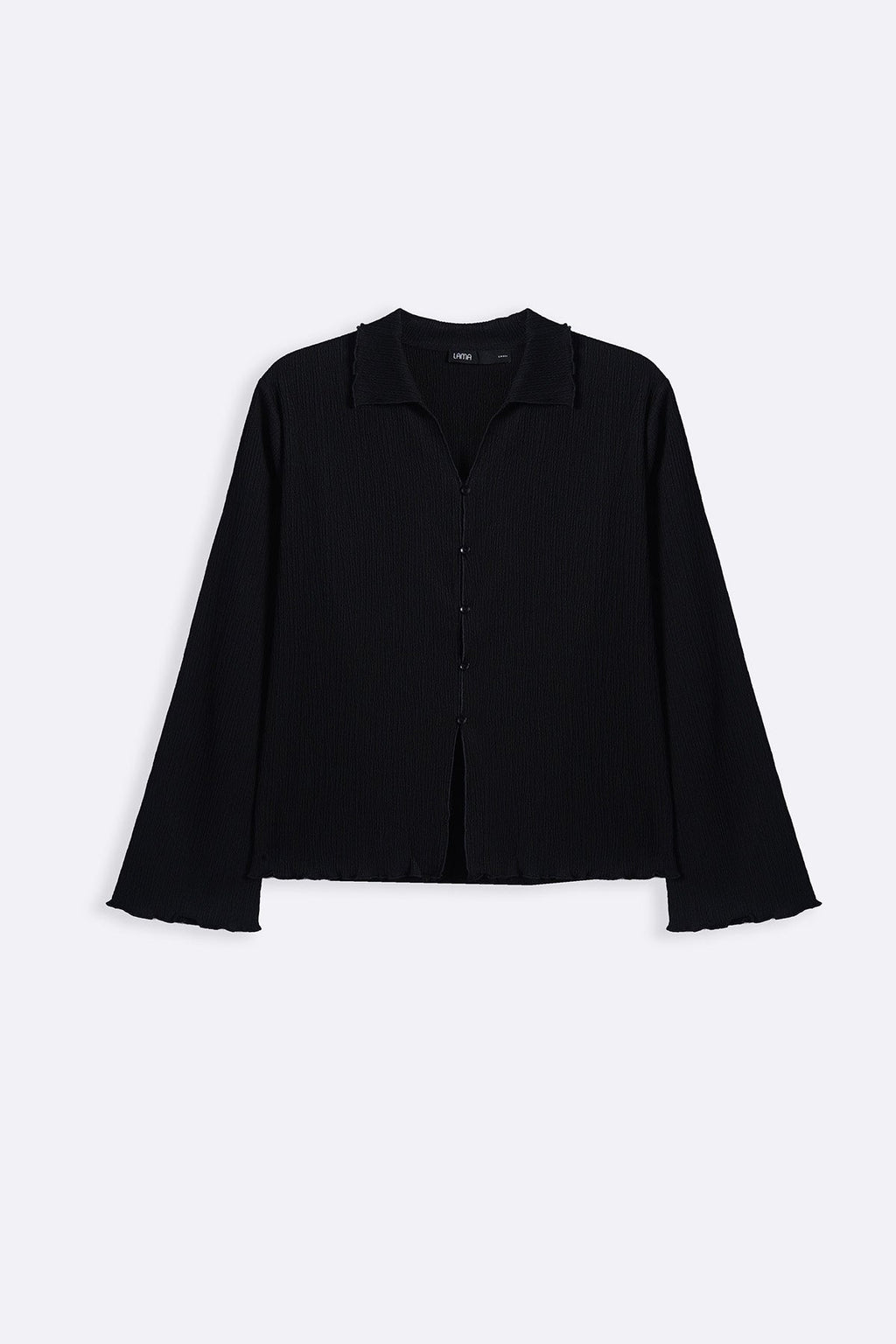 BLACK CRINKLE KNIT BUTTON-DOWN
