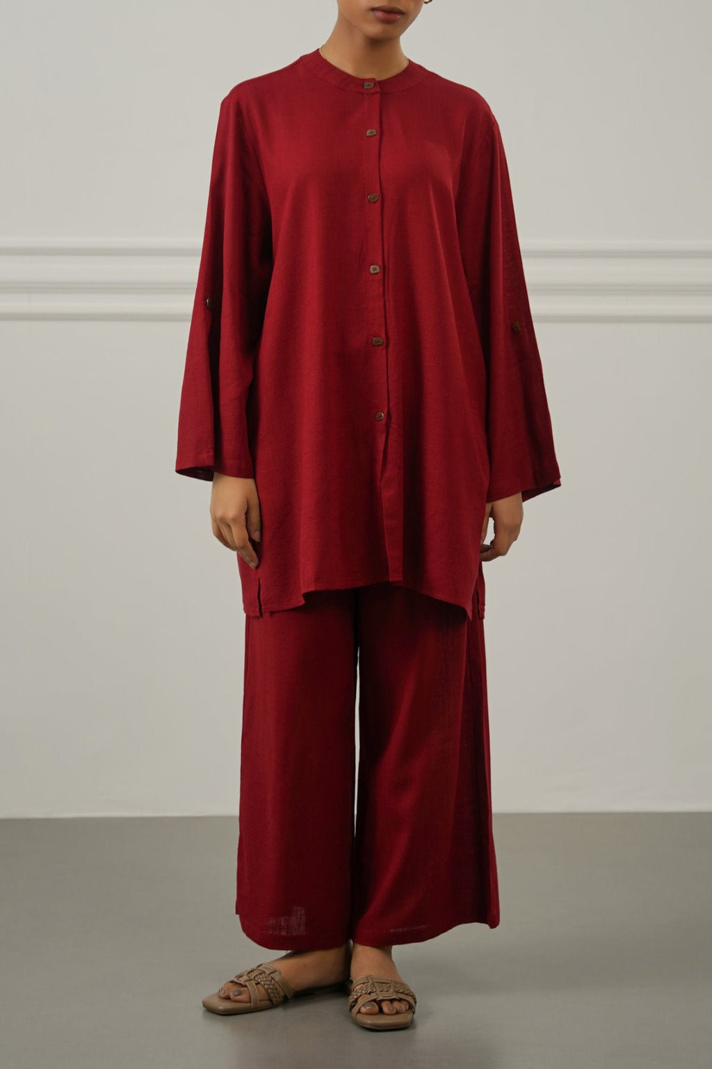 RED LINEN BLEND EASE SHIRT