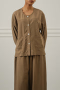 TAUPE TENCEL-LINEN POCKET BLOUSE