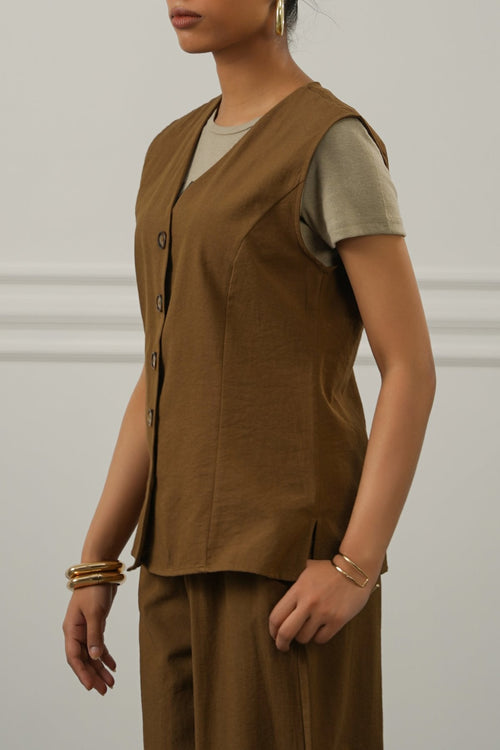 BROWN CASUAL COTTON MIX VEST