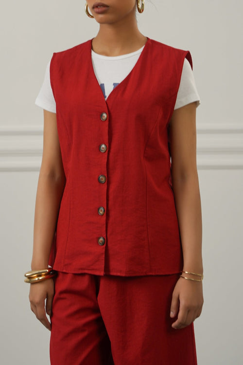 RED CASUAL COTTON MIX VEST