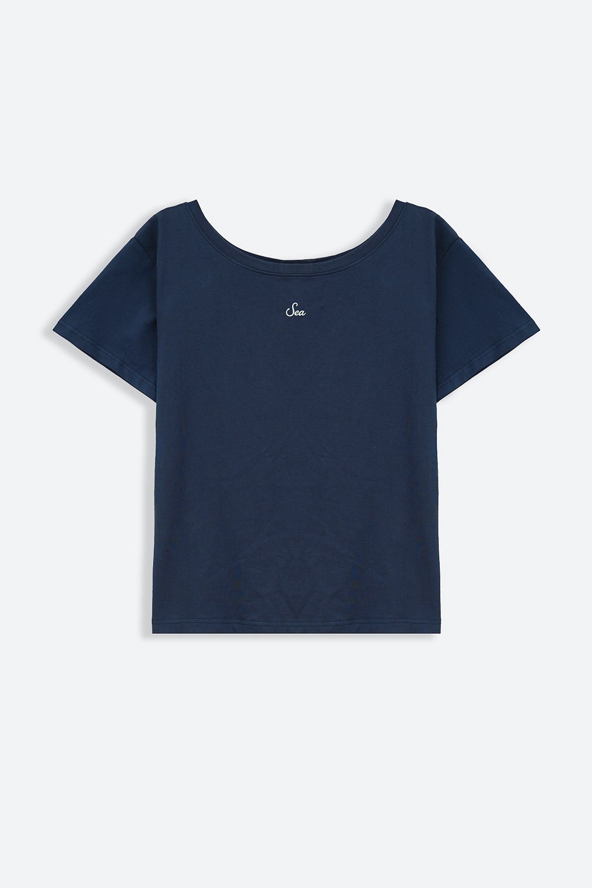 NAVY OFF SHOULDER TEXT TEE
