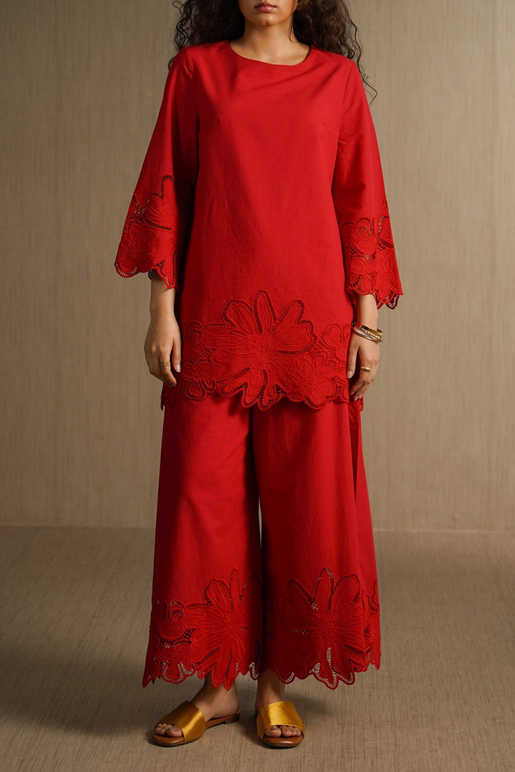 RED BOTANICAL CUTWORK TOP