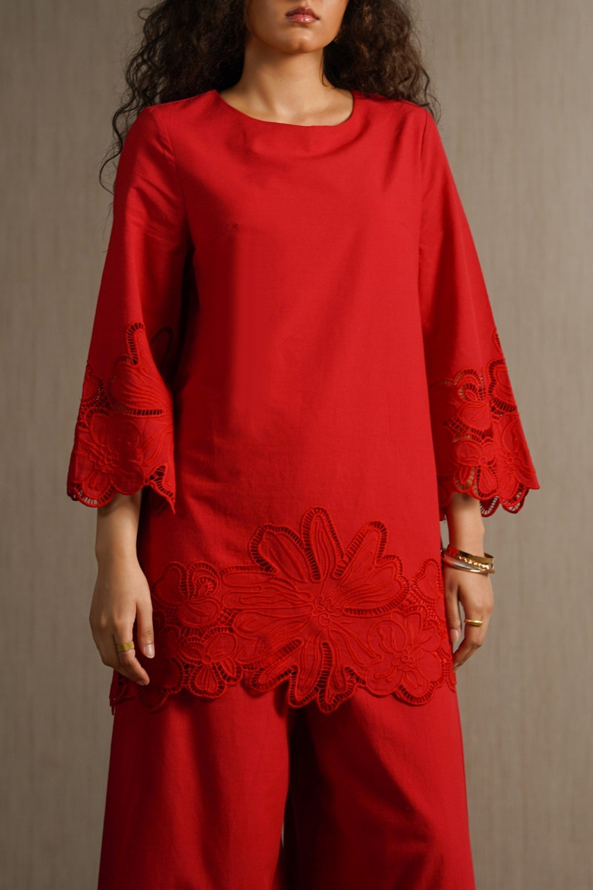 RED BOTANICAL CUTWORK TOP