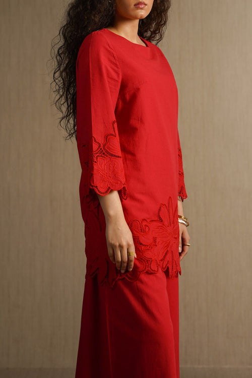 RED BOTANICAL CUTWORK TOP