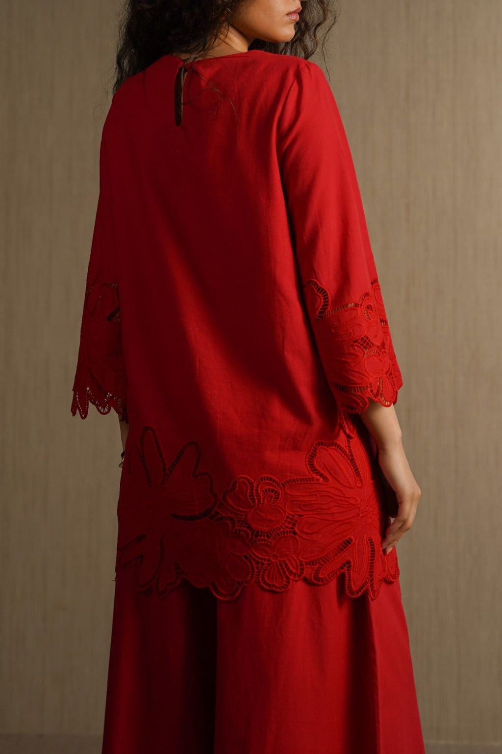 RED BOTANICAL CUTWORK TOP