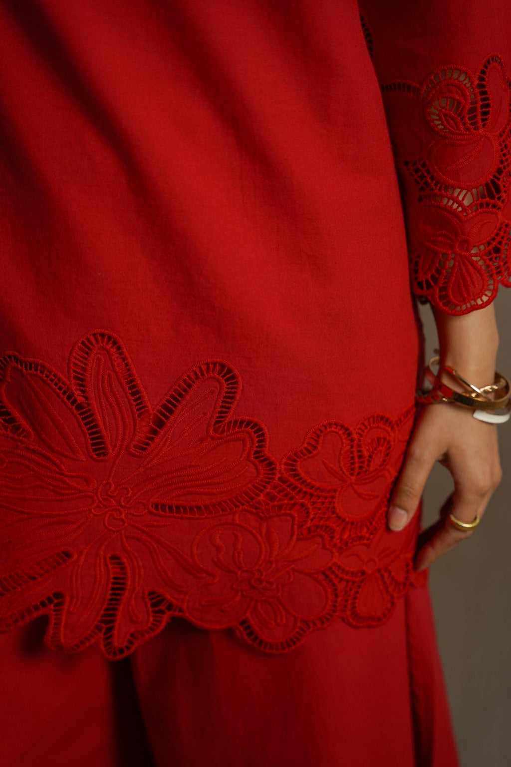 RED BOTANICAL CUTWORK TOP