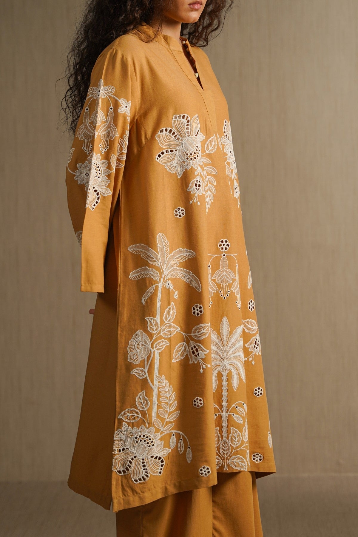 MUSTARD OCHRE BLOOM EMBROIDERED TUNIC