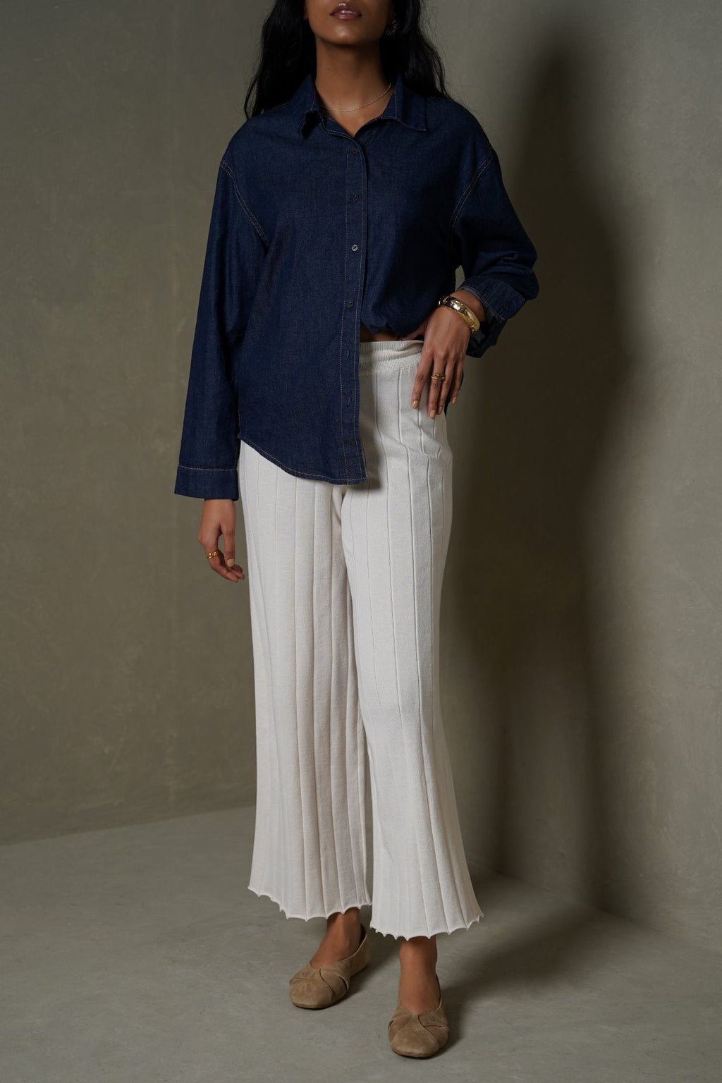 OAT WHITE RIB-KNIT STRAIGHT PANTS