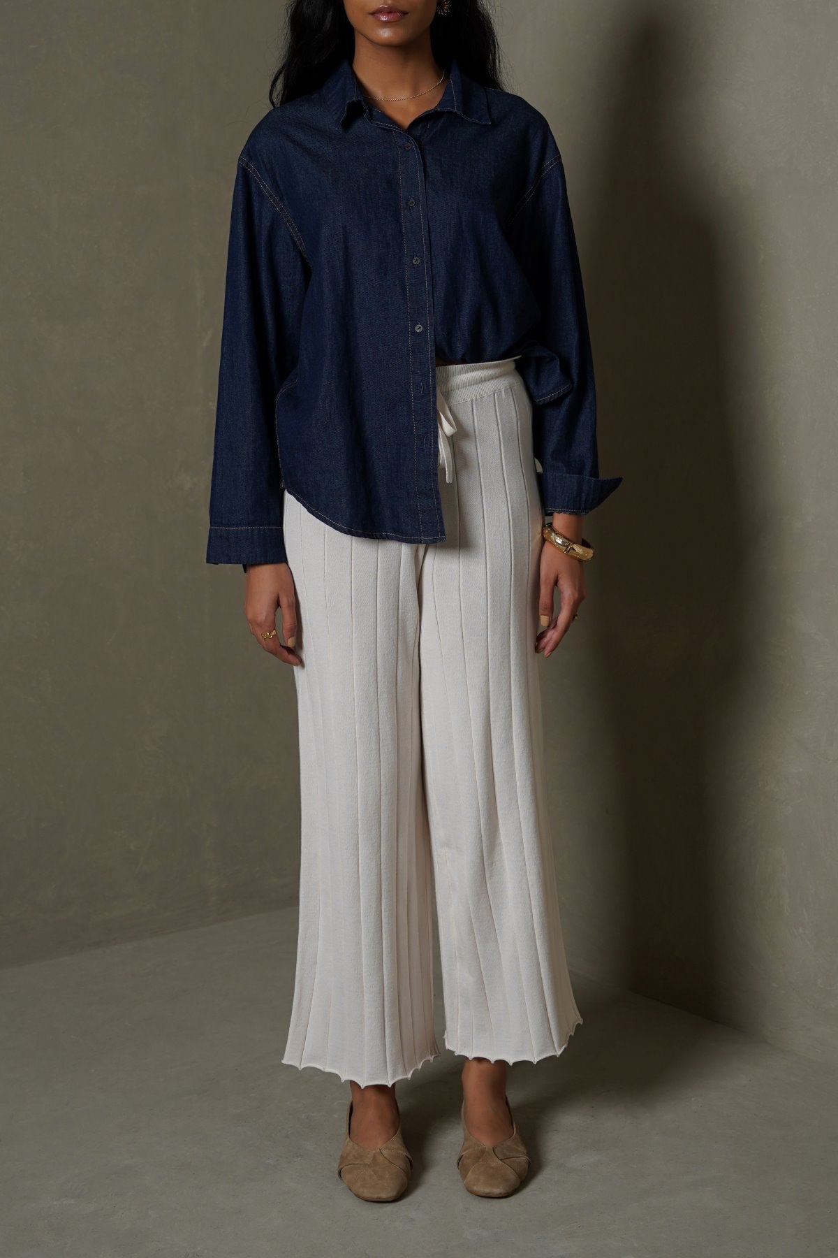 OAT WHITE RIB-KNIT STRAIGHT PANTS