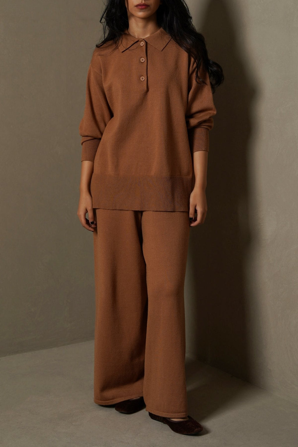 CAMEL FLOWY KNIT TROUSERS
