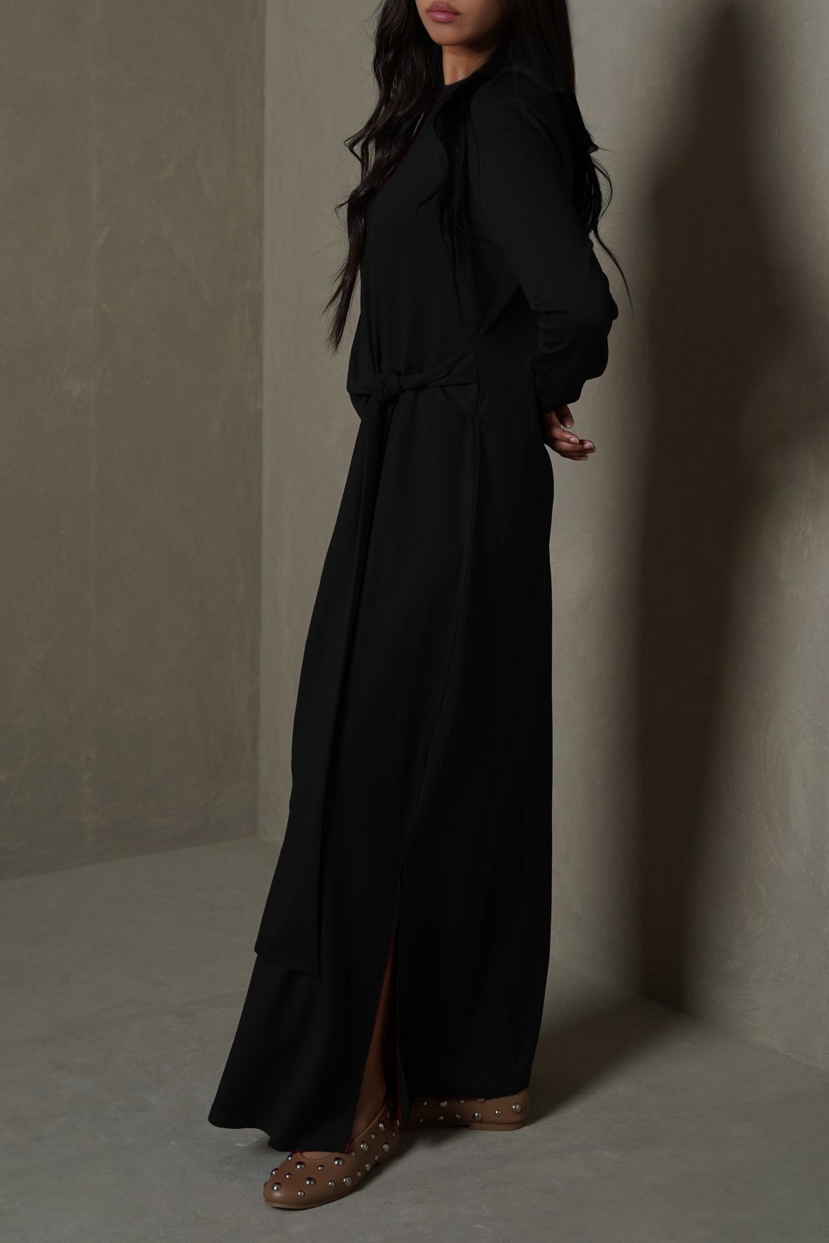 BLACK RUCHED WRAP DRESS