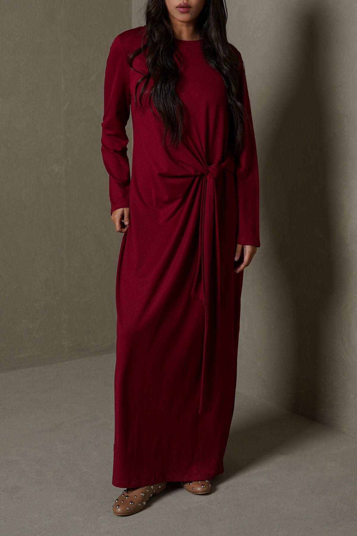MAROON RUCHED WRAP DRESS