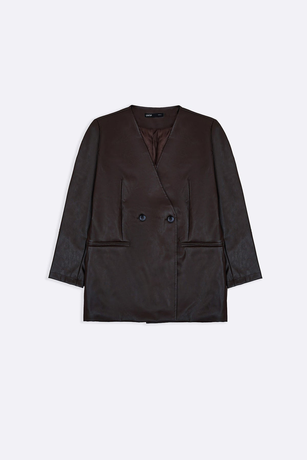 BROWN COLLARLESS LEATHER BLAZER