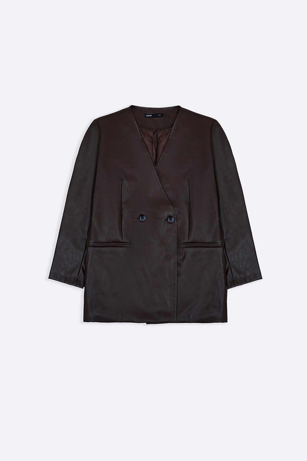 BROWN COLLARLESS LEATHER BLAZER
