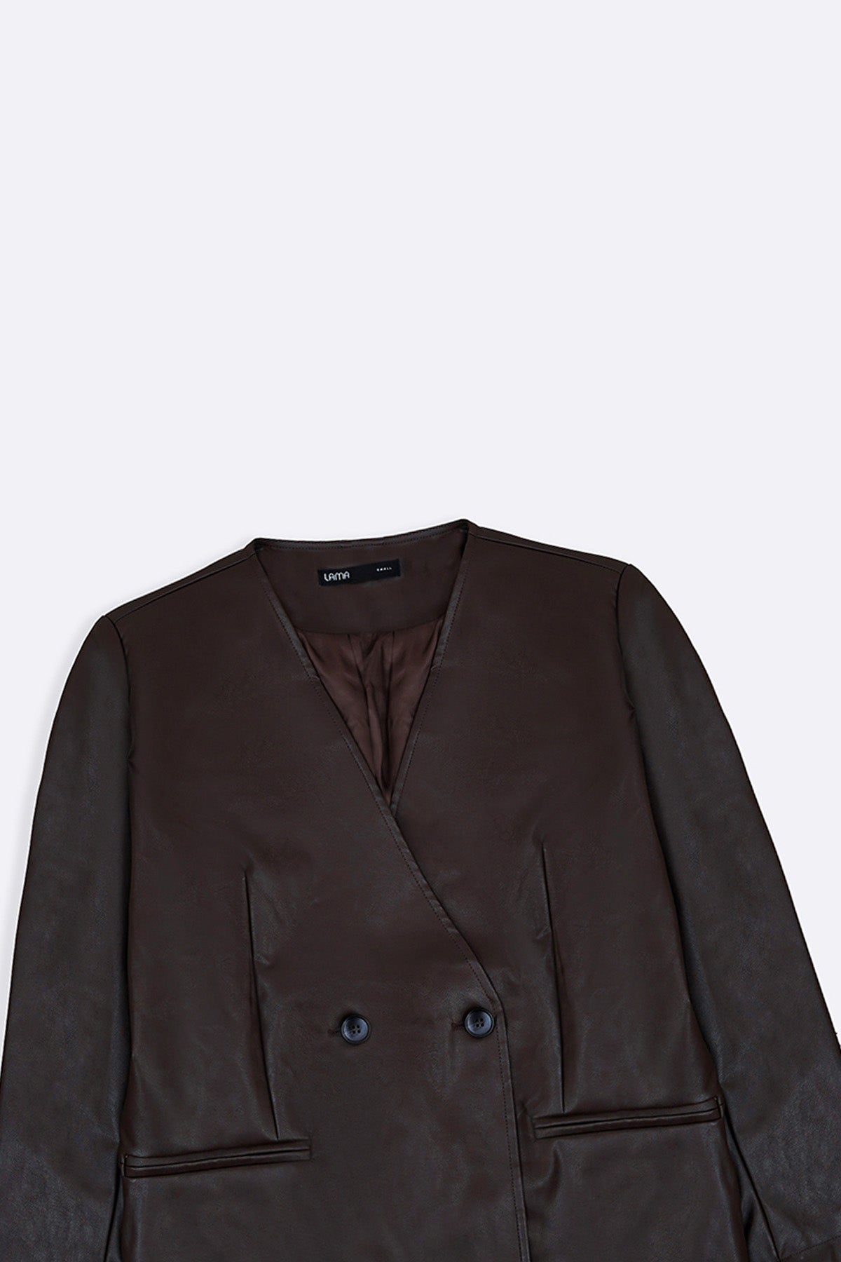 BROWN COLLARLESS LEATHER BLAZER