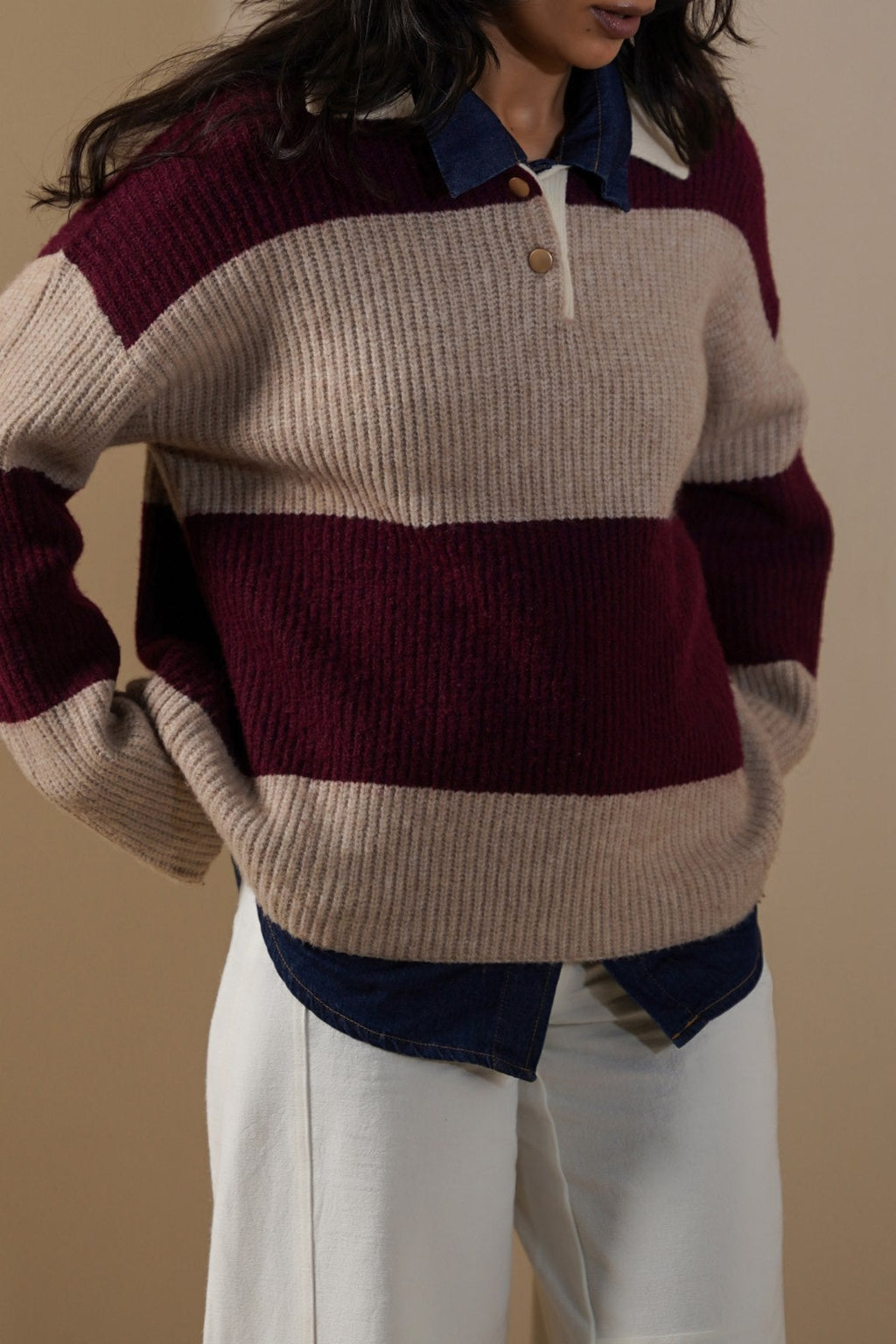 BURGUNDY VARSITY STRIPE SWEATER