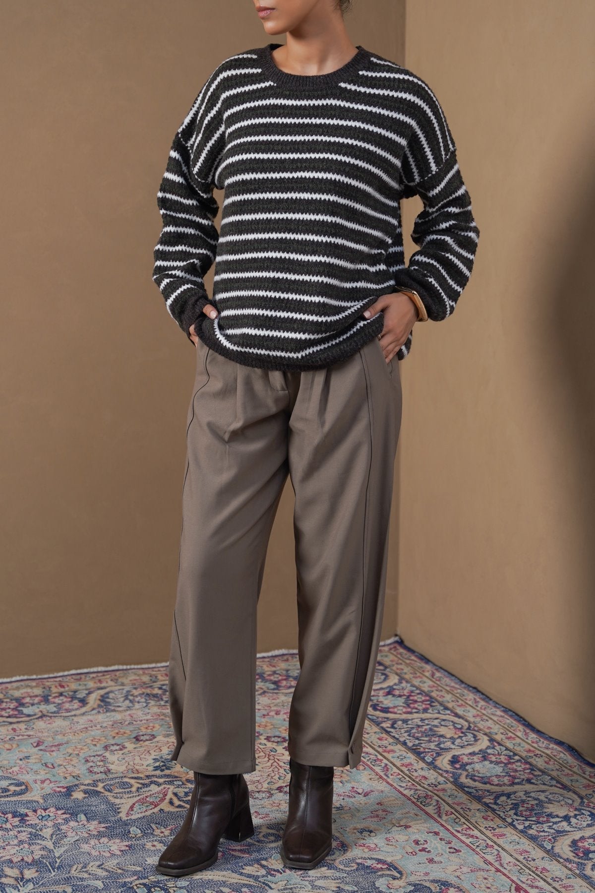 BROWN PINSTRIPE WEAVE SWEATER
