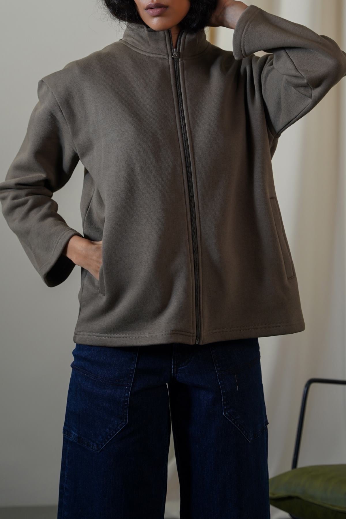 KHAKI FLEECE COCOON JACKET