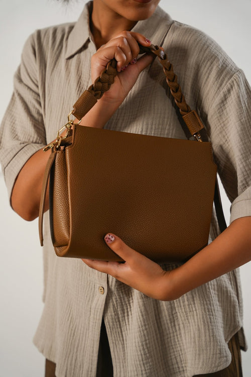 COFFEE BRAIDED TOP HANDLE BAG